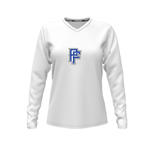 [CUS-DFW-TEES-CMF-VNK-LSL-WHT-FYXS-LOGO3] Decker Comfort T-Shirt (Female Youth XS, White, V Neck, Logo 3, Long Sleeve)