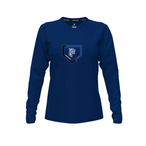 [CUS-DFW-TEES-CMF-VNK-LSL-NVY-FYXS-LOGO1] Decker Comfort T-Shirt (Female Youth XS, Navy, V Neck, Logo 1, Long Sleeve)