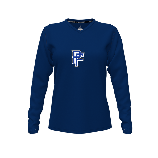 [CUS-DFW-TEES-PER-VNK-LSL-NVY-FYXS-LOGO3] Decker Performance T-Shirt (Female Youth XS, Navy, V Neck, Logo 3, Long Sleeve)