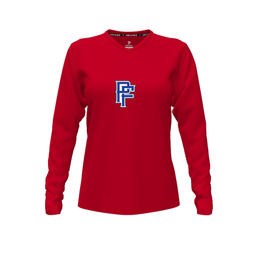 [CUS-DFW-TEES-CMF-VNK-LSL-RED-FYXS-LOGO3] Comfort T-Shirt (Female Youth XS, Red, V Neck, Logo 3, Long Sleeve)