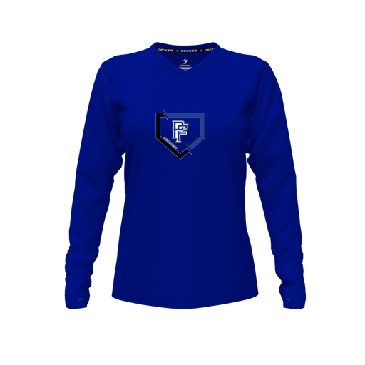 [CUS-DFW-TEES-PER-VNK-LSL-RYL-FYXS-LOGO1] Decker Performance T-Shirt (Female Youth XS, Royal, V Neck, Logo 1, Long Sleeve)