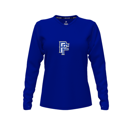 [CUS-DFW-TEES-PER-VNK-LSL-RYL-FYXS-LOGO3] Decker Performance T-Shirt (Female Youth XS, Royal, V Neck, Logo 3, Long Sleeve)