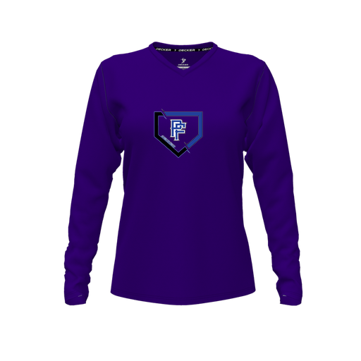 [CUS-DFW-TEES-PER-VNK-LSL-PUR-FYXS-LOGO1] Decker Performance T-Shirt (Female Youth XS, Purple, V Neck, Logo 1, Long Sleeve)